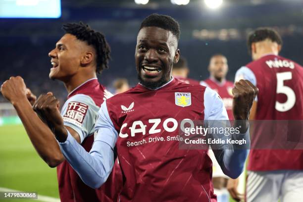 Bertrand Traore of Aston Villa celebrates after scoring the team's second goal during the Premier League match between Leicester City and Aston Villa...