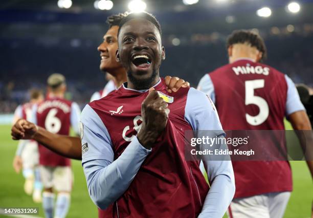 Bertrand Traore of Aston Villa celebrates after scoring the team's second goal during the Premier League match between Leicester City and Aston Villa...