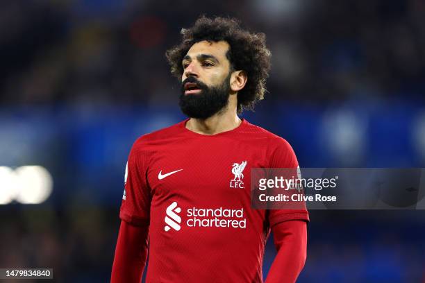 Mohamed Salah of Liverpool looks on during the Premier League match between Chelsea FC and Liverpool FC at Stamford Bridge on April 04, 2023 in...