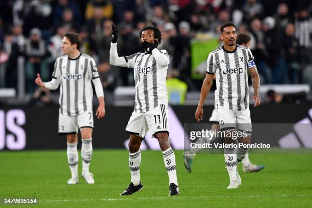 Juan Cuadrado of Juventus celebrates after scoring the team's first goal during the Coppa Italia Semi Final match between Juventus FC and FC...
