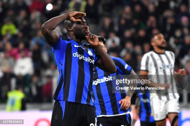 Romelu Lukaku of FC Internazionale celebrates after scoring the team's first goal during the Coppa Italia Semi Final match between Juventus FC and FC...