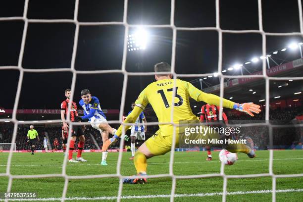 Julio Enciso of Brighton & Hove Albion scores the team's second goal past Neto of AFC Bournemouth during the Premier League match between AFC...