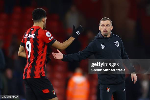 Dominic Solanke and Gary O'Neil, Manager of AFC Bournemouth, interact following the Premier League match between AFC Bournemouth and Brighton & Hove...