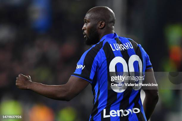 Romelu Lukaku of FC Internazionale celebrates after scoring the team's first goal during the Coppa Italia Semi Final match between Juventus FC and FC...