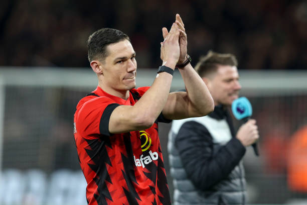 Boxer Chris Billam-Smith at half-time to promote his bout at the end of May at the Vitality Stadium against Lawrence Okolie during the Premier League...