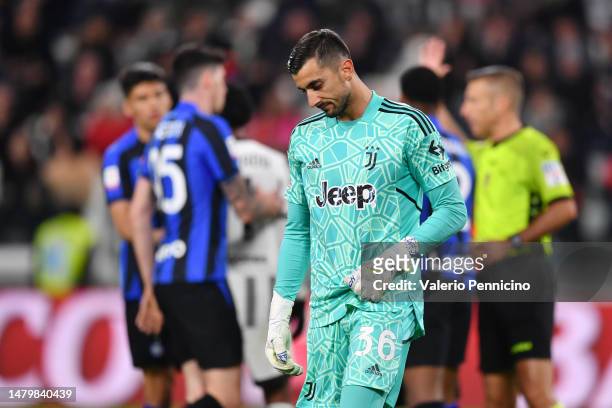 Mattia Perin of Juventus looks dejected following the Coppa Italia Semi Final match between Juventus FC and FC Internazionale at Allianz Stadium on...