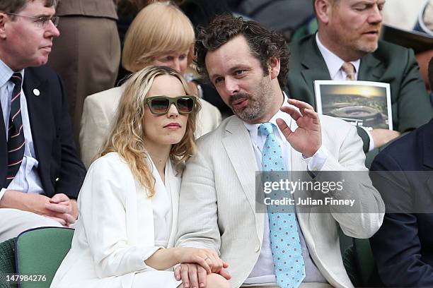 Rachel McAdams and Michael Sheen look on from the Royal Box on Centre Court ahead of the Ladies’ Singles final match between Serena Williams of the...