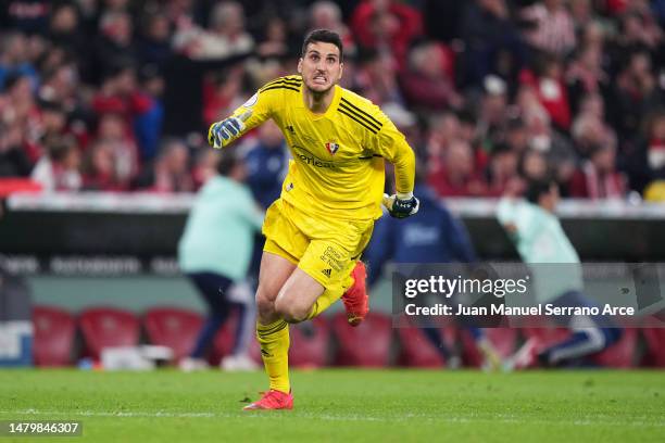 Sergio Herrera of CA Osasuna celebrates the team's first goal, scored by teammate Pablo Ibanez during the Copa Del Rey Semi Final Second Leg match...