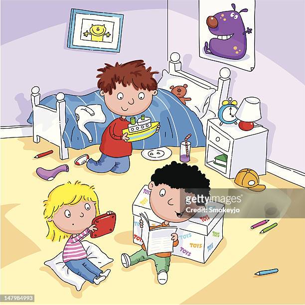 children playing in bedroom - family fun indoor stock illustrations