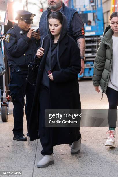 Selena Gomez is seen filming "Only Murders in the Building" in Washington Heights on April 04, 2023 in New York City.
