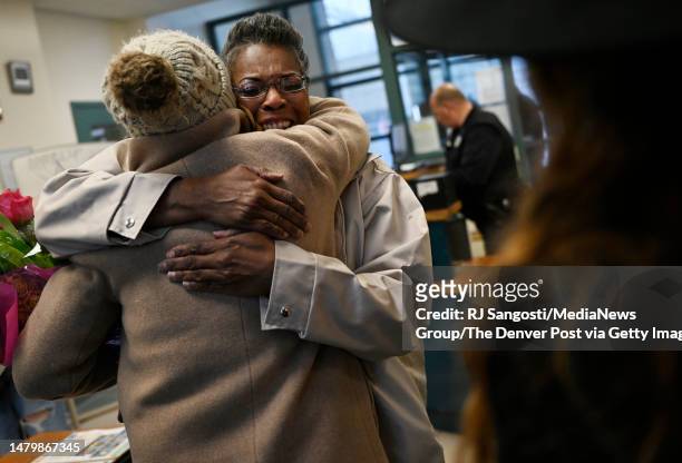 Robin Farris hugs her attorney Kristen Nelson, of Spero Justiceis, after being released from Colorado Womens Correctional Facility on April 4, 2023...