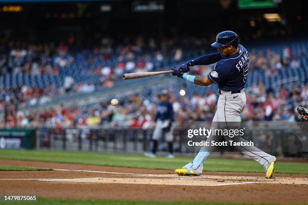 Wander Franco of the Tampa Bay Rays hits an RBI groundout against the Washington Nationals during the first inning at Nationals Park on April 4, 2023...