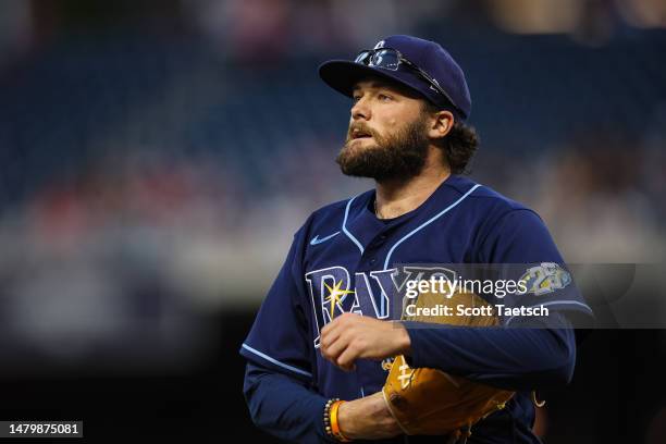 Josh Fleming of the Tampa Bay Rays pauses during the first inning against the Washington Nationals at Nationals Park on April 4, 2023 in Washington,...