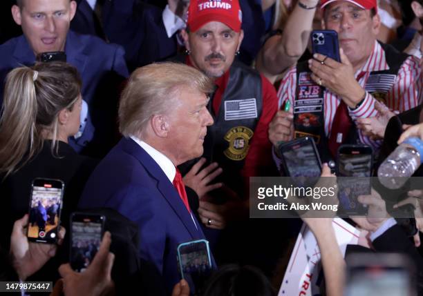 Former U.S. President Donald Trump arrives at an event at Mar-a-Lago April 4, 2023 in West Palm Beach, Florida. Earlier in the day, Trump pleaded not...