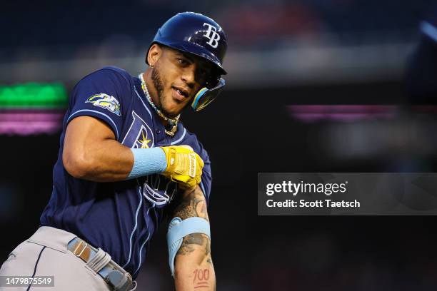 Jose Siri of the Tampa Bay Rays gestures after hitting a home run against the Washington Nationals during the second inning at Nationals Park on...