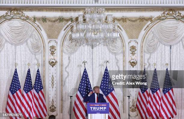 Former U.S. President Donald Trump speaks during an event at Mar-a-Lago April 4, 2023 in West Palm Beach, Florida. Earlier in the day, Trump pleaded...