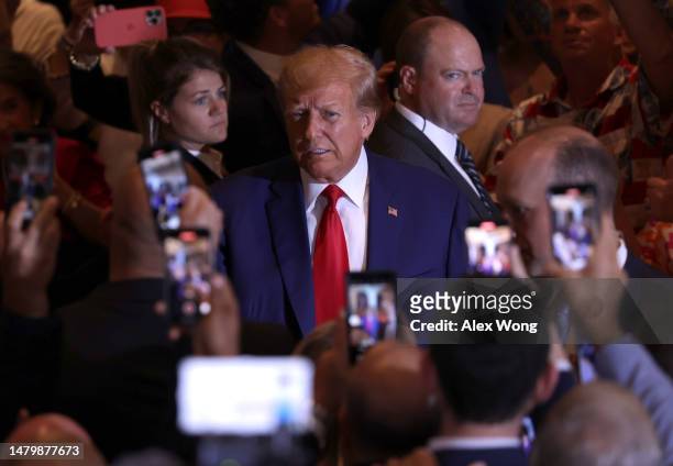 Former U.S. President Donald Trump arrives at an event at the Mar-a-Lago Club April 4, 2023 in West Palm Beach, Florida. Trump pleaded not guilty in...