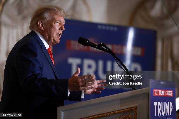 Former U.S. President Donald Trump speaks during an event at Mar-a-Lago April 4, 2023 in West Palm Beach, Florida. Trump pleaded not guilty in a...