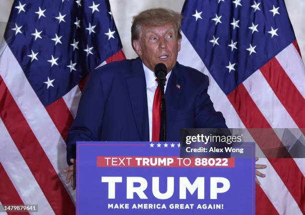 Former U.S. President Donald Trump speaks during an event at the Mar-a-Lago Club April 4, 2023 in West Palm Beach, Florida. Trump pleaded not guilty...