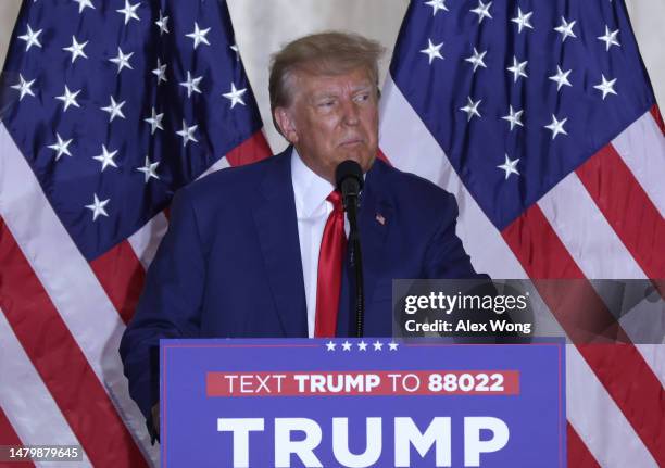 Former U.S. President Donald Trump speaks during an event at the Mar-a-Lago Club April 4, 2023 in West Palm Beach, Florida. Trump pleaded not guilty...