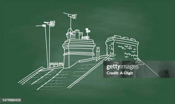 ilustraciones, imágenes clip art, dibujos animados e iconos de stock de tejados británicos y chimeneas pizarra - roofing-clip-art