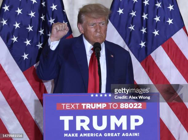 Former U.S. President Donald Trump speaks during an event at Mar-a-Lago April 4, 2023 in West Palm Beach, Florida. Trump pleaded not guilty in a...