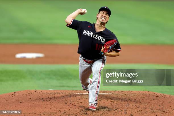 Kenta Maeda of the Minnesota Twins delivers a pitch against the Miami Marlins during the fourth inning at loanDepot park on April 04, 2023 in Miami,...