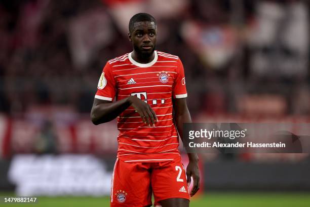 Dayot Upamecano of FC Bayern München looks on during the DFB Cup quarterfinal match between FC Bayern München and SC Freiburg at Allianz Arena on...