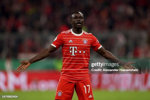 Sadio Mane of FC Bayern München reacts during the DFB Cup quarterfinal match between FC Bayern München and SC Freiburg at Allianz Arena on April 04,...