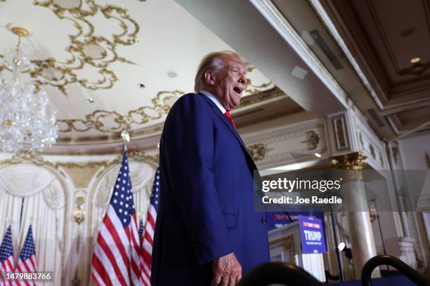 Former U.S. President Donald Trump greets supporters during an event at the Mar-a-Lago Club April 4, 2023 in West Palm Beach, Florida. Trump pleaded...