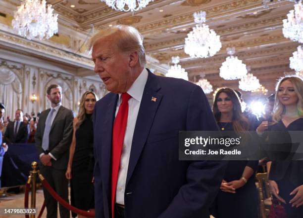 Former U.S. President Donald Trump walks off stage during an event at the Mar-a-Lago Club April 4, 2023 in West Palm Beach, Florida. Trump pleaded...