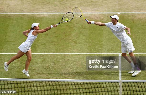 Lisa Raymond and Mike Bryan of the USA in action during their Mixed Doubles semi final match against Nenad Zimonjic of Serbia and Katarina Srebotnik...