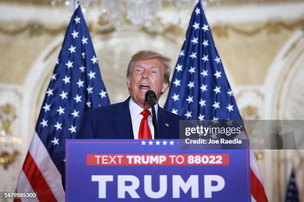 Former U.S. President Donald Trump speaks during an event at the Mar-a-Lago Club April 4, 2023 in West Palm Beach, Florida. Trump pleaded not guilty...