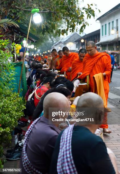 alms giving in luang prabang, laos - alms stock pictures, royalty-free photos & images