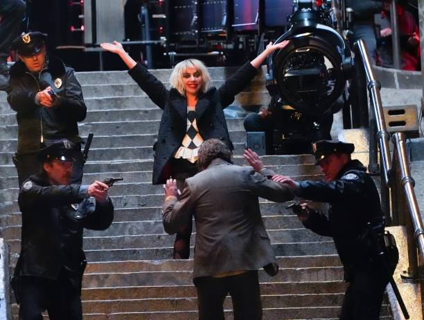 Lady Gaga and Joaquin Phoenix are seen on location for 'Joker: Folie a deux' in on April 04, 2023 in New York City.