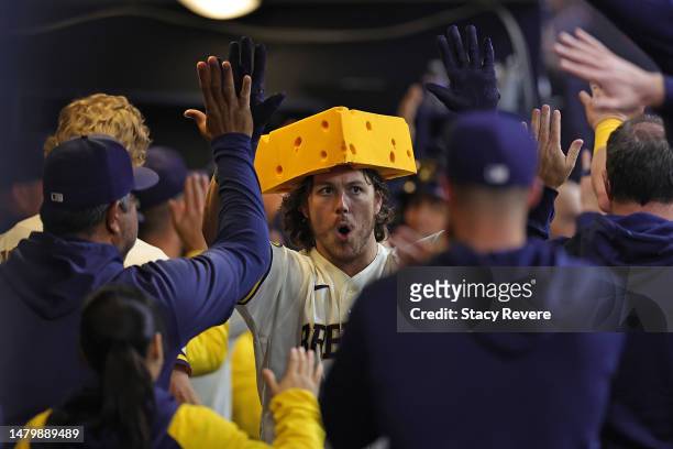 Brian Anderson of the Milwaukee Brewers celebrates a two run home run against the New York Mets during the seventh inning at American Family Field on...