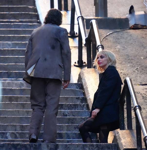 Lady Gaga and Joaquin Phoenixon location for 'Joker: Folie a deux' in on April 04, 2023 in New York City.