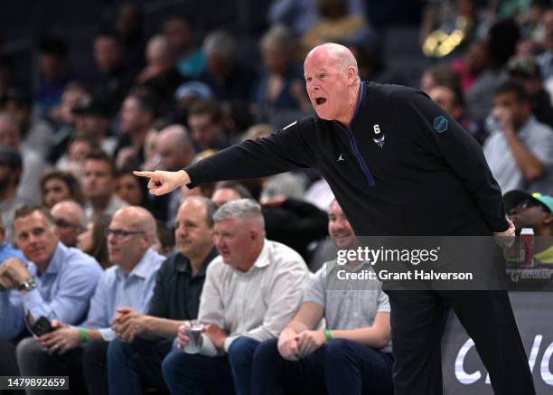 Head coach Steve Clifford of the Charlotte Hornets directs his team against the Toronto Raptors during the game at Spectrum Center on April 04, 2023...