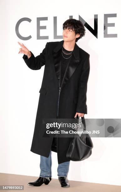 South Korean singer Kim Tae-hyung, a.k.a V of BTS is seen at the "CELINE" pop-up store opening event at The Hyundai Yeouido on March 30, 2023 in...