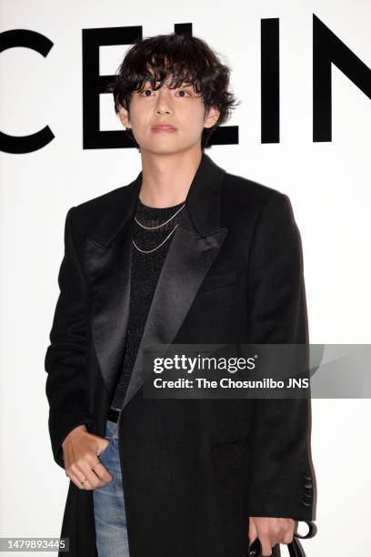 South Korean singer Kim Tae-hyung, a.k.a V of BTS is seen at the "CELINE" pop-up store opening event at The Hyundai Yeouido on March 30, 2023 in...