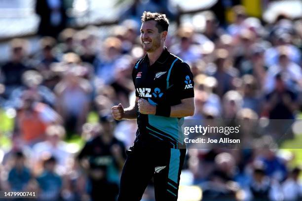 Adam Milne of New Zealand celebrates after dismissing Dilshan Madushanka of Sri Lanka and taking his fifth wicket of the day during game two of the...