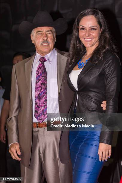 Andrés Garciand his daughter Andrea García pose for photo, during a press conference of Pedro Navaja play at Telón de Asfalto on May 29 in Mexico...