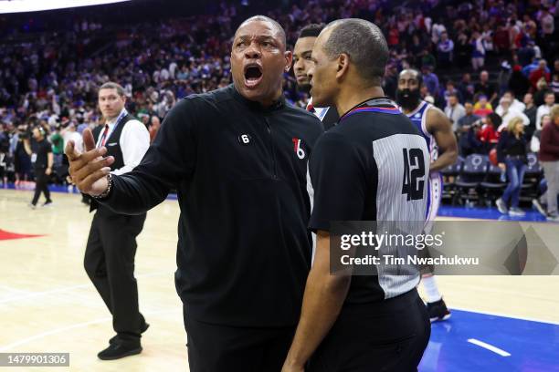 Head coach Doc Rivers of the Philadelphia 76ers reacts following a game against the Boston Celtics at Wells Fargo Center on April 04, 2023 in...
