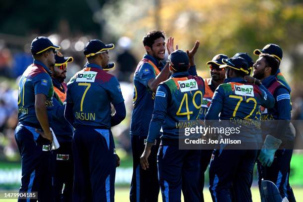 Kasun Rajitha of Sri Lanka celebrates after dismissing Chad Bowes of New Zealand during game two of the T20 International series between New Zealand...