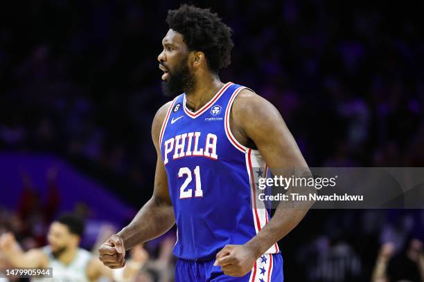 Joel Embiid of the Philadelphia 76ers reacts during the fourth quarter against the Boston Celtics at Wells Fargo Center on April 04, 2023 in...