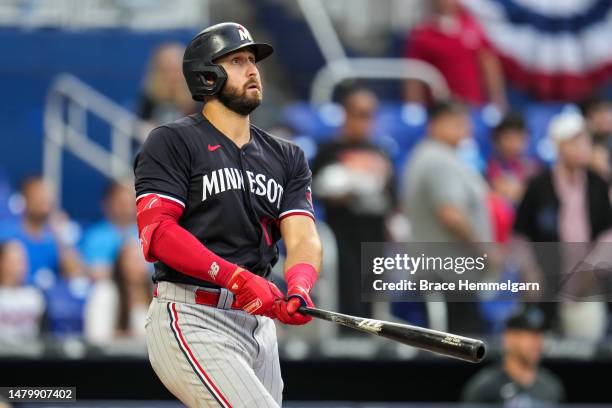 Joey Gallo of the Minnesota Twins bats and hits a home run against the Miami Marlins on April 3, 2023 at loanDepot park in Miami, Florida.