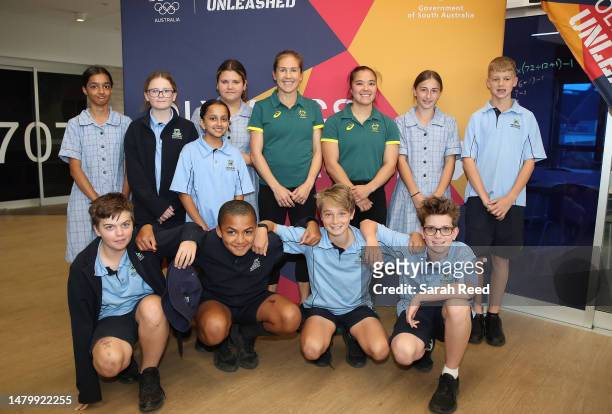 Jessica Stenson and Kiana Elliot with School students during Olympic Unleashed: South Australia at Modbury High School on April 05, 2023 in Adelaide,...