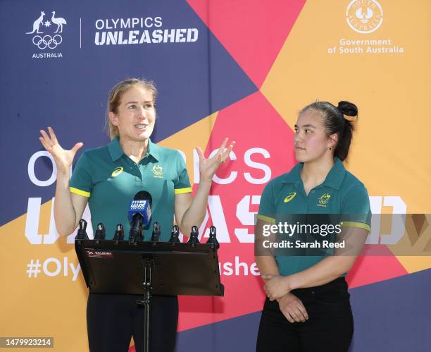 Jess Stenson and Kiana Elliot during Olympic Unleashed: South Australia at Modbury High School on April 05, 2023 in Adelaide, Australia.