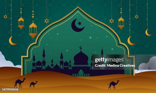 realistischer islamischer hintergrund mit halbmond und laternen. hintergrund für islamische religionen, eid al fitr, eid al adha, happy muharram, islamisches neujahr, ramadan kareem. - islamic new year stock-grafiken, -clipart, -cartoons und -symbole