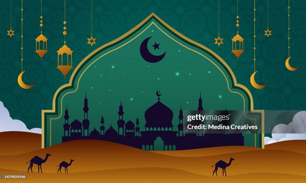 Realistic islamic background with crescent and Lanterns. background for Islamic religions ,Eid al fitr, Eid al adha, Happy muharram, Islamic new year, Ramadan kareem.
